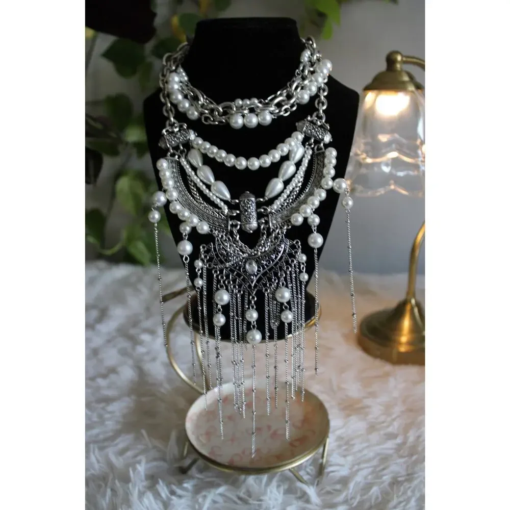 Free People Silver Pearl Statement Bib Necklace Boho Layered Fringe msrp 99